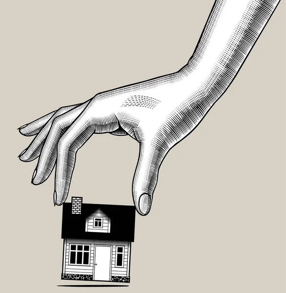 女性の手は 住宅の小さなモデルの指に保持します — ストックベクタ