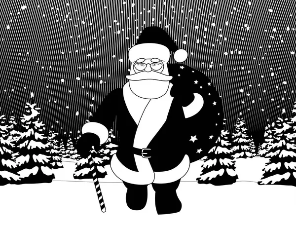 Promenade Père Noël Avec Sac Cadeaux Une Canne Contre Paysage — Image vectorielle
