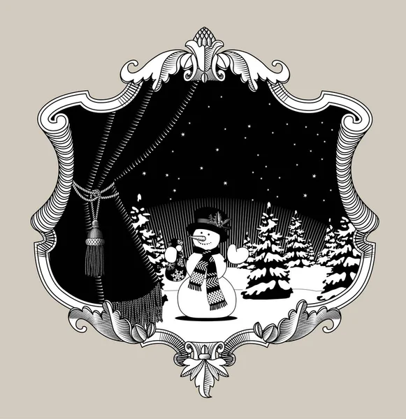 Marco Decorativo Clásico Con Cortina Muñeco Nieve Bosque Nocturno Nieve — Archivo Imágenes Vectoriales