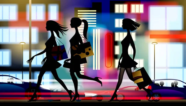Black Silhouettes Shopping Girls Walking Street Background Night City Illuminated — Stock Vector