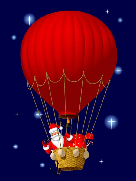 Papai Noel Voando Balão Quente Vermelho Contra Fundo Céu Estrelado — Vetor de Stock