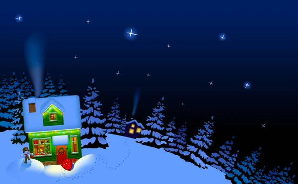 Bosque Nocturno Casas Con Ventanas Iluminadas Las Huellas Santa Claus — Vector de stock