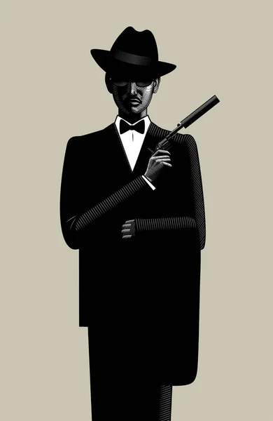 一个戴太阳镜戴着帽子拿着手枪手里拿着消声器的男人复古版画黑白风格的图画 矢量说明 — 图库矢量图片