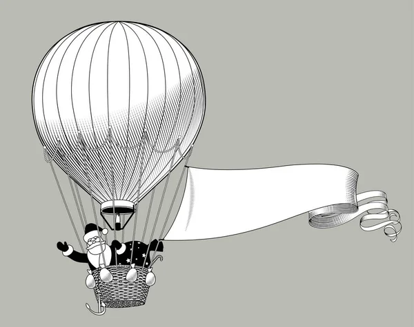 サンタクロースは大きな流れるバナーで熱気球に乗って飛んでいます ヴィンテージ彫刻様式化された図面 ベクターイラスト — ストックベクタ