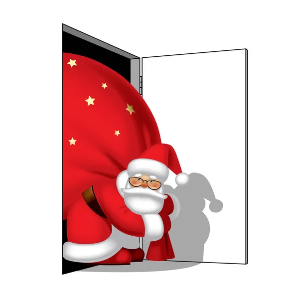 Święty Mikołaj Czerwonym Workiem Prezentów Wchodzi Otwartych Drzwi Odizolowanych Biało — Wektor stockowy