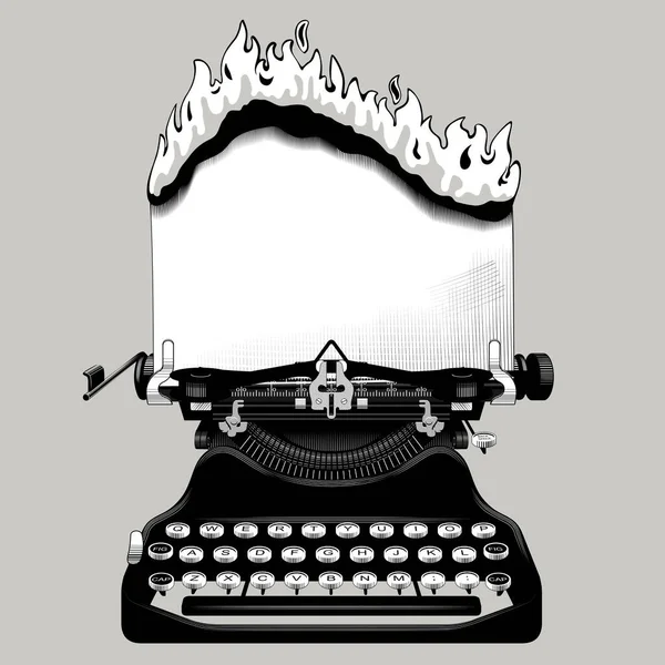 Engraved Vintage Drawing Old Typewriter Burning Paper — Stock Vector