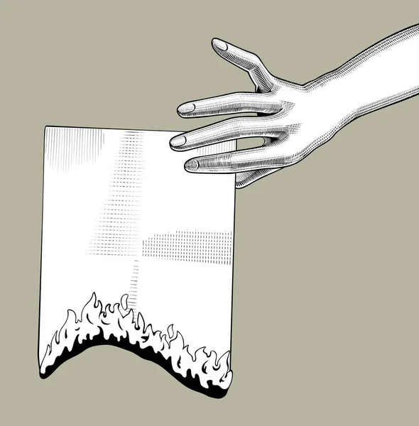 Female Hand Holding Burning Paper Sheet — Stock Vector