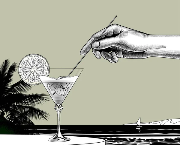 雌性的手拿着一根稻草泡在鸡尾酒里 鸡尾酒里放着一片桔子片 在锥形玻璃杯里放着冰块 与大海相映成趣 复古雕版风格化 — 图库矢量图片