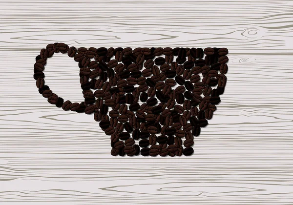 将咖啡豆雕刻成杯子状 镶嵌在木制质感的背景上 矢量说明 — 图库矢量图片
