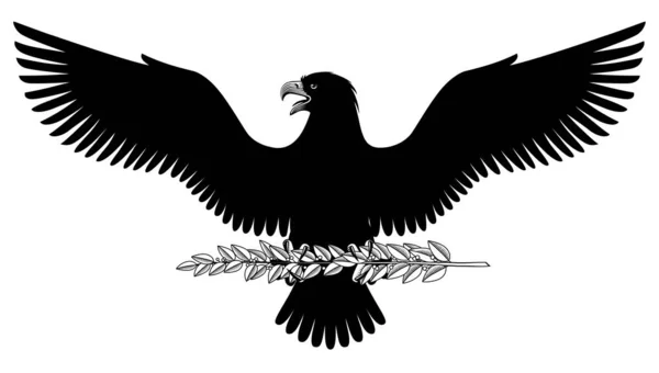 Μαύρη Σιλουέτα Αετού Απλωμένα Φτερά Που Κρατά Ένα Κλαδί Δάφνης — Διανυσματικό Αρχείο