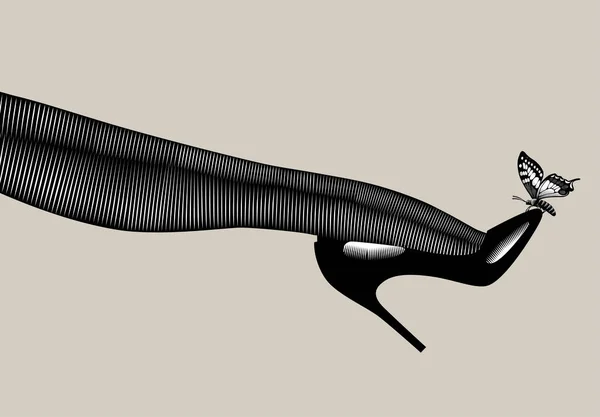 Нога Женщины Темных Колготках Блестящая Черная Туфля Высоком Каблуке Бабочкой — стоковый вектор