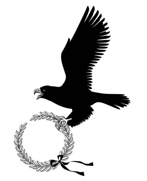 Silhouette Nera Aquila Volante Con Corona Rotonda Alloro Nei Suoi — Vettoriale Stock