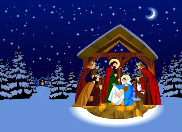 Julen Scen Kristi Födelse Och Tillbedjan Magi Natts Vinterskog Vektorillustration — Stock vektor