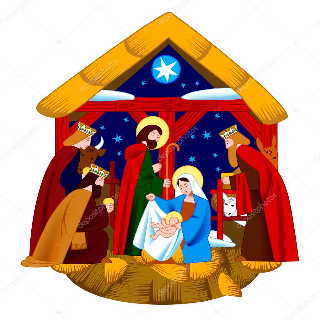 Scene of the Nativity of Christ and Adoration of the Magi isolated on white background