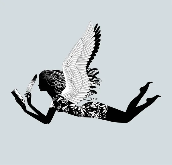Létající Dívka Křídly Splývajícími Vlasy Knihou Pírkem Rukou Černobílá Dekorativní — Stockový vektor