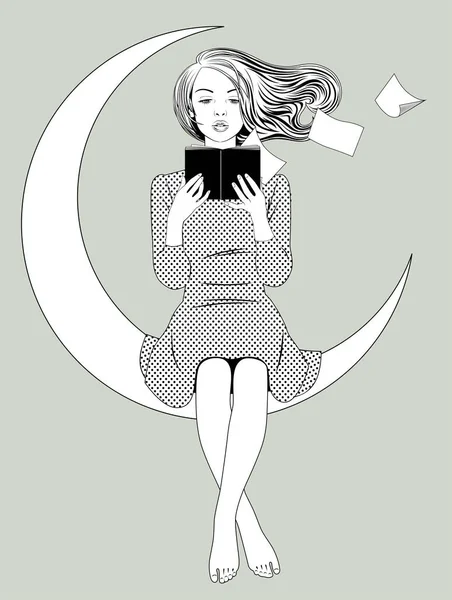 Fille Aux Cheveux Qui Coulent Assis Sur Lune Lisant Livre — Image vectorielle