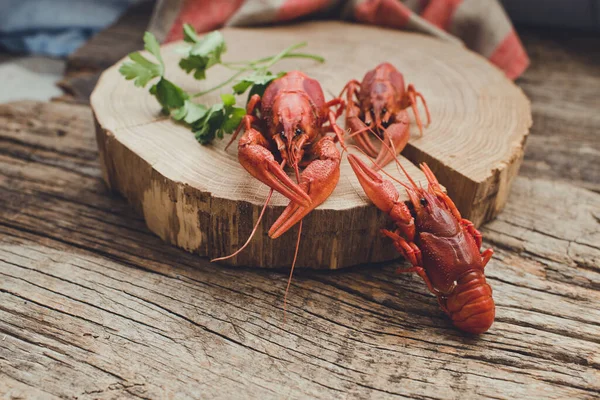 Kokta Kräftor Med Dill Trä Bakgrund — Stockfoto