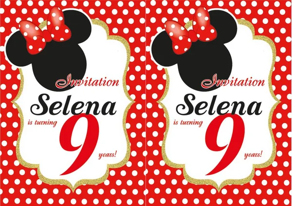 Minnie Mouse temalı doğum günü partisi davetiyesi vektör kartı