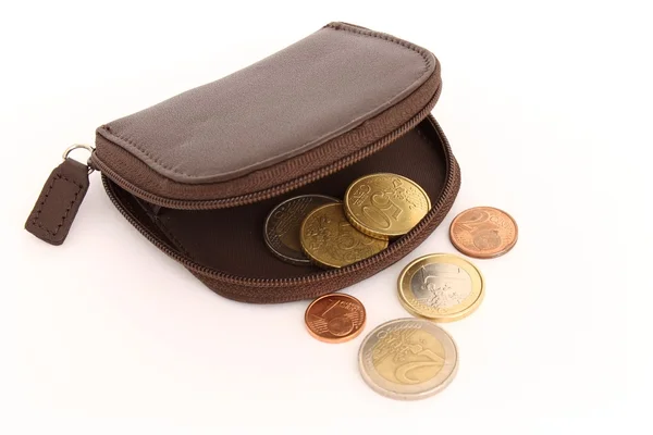 Bolsa com algumas moedas — Fotografia de Stock