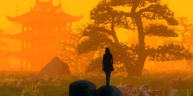 Asya tapınaklarının arka planında bir kadının silüeti