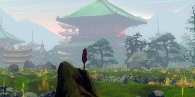 Asya tapınaklarının arka planında bir kadının silüeti