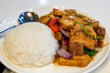 Bir tabak lezzetli Hong Kong çay restoranı yemeği pilav, soya peyniri ateş pirinci.