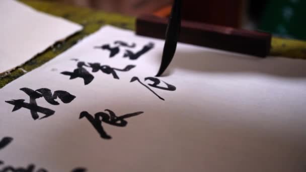 Kaligraf Píše Čínskou Kaligrafii Černým Inkoustem Překlad Původ Bambusu Green — Stock video