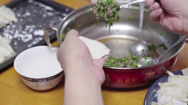 Kinesisk Familie Sidder Sammen Laver Dumplings – Stock-video