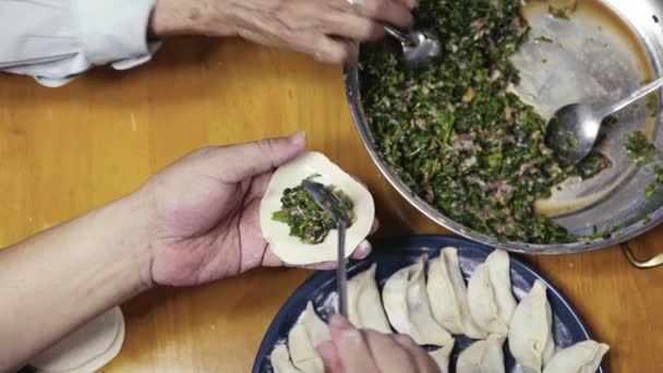 Chinese Family Sitting Together Making Dumplings — Stockvideo