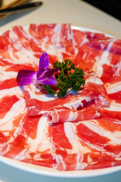 Plate Fresh Hot Pot Dishes Beef Slices — Zdjęcie stockowe