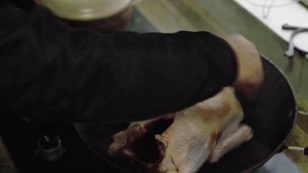 Chef Cooking Duck Scalding Frying Duck — Stock Video