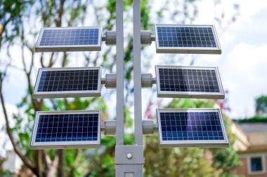 Close-up of solar panels for street lights in park