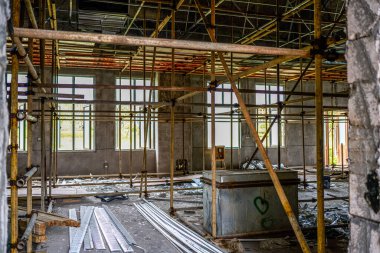 Scaffolding on a renovation site in a commercial storefront office