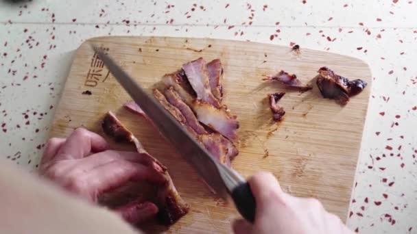 Chef Dicing Char Siew Make Char Siu Bao Filling — Stock videók