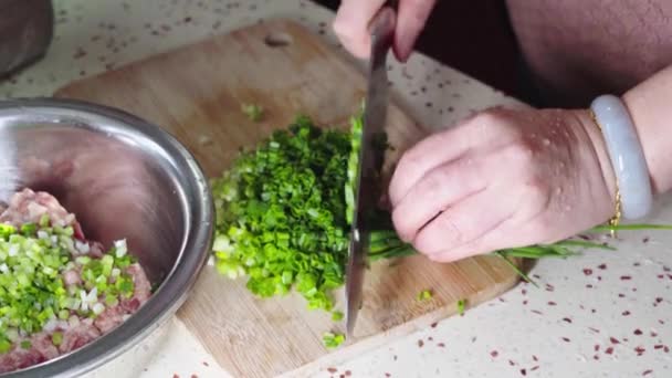 Chef Slicing Finely Chopped Green Onion Prepare Stuffing Buns — Stockvideo