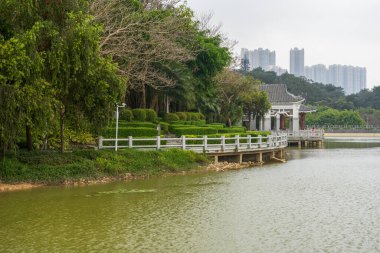Çin 'deki boş orman parklarının, eski binaların ve kulelerin manzarası.