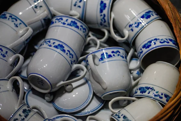 Pile Ceramic Teacups Bowls Close — 스톡 사진