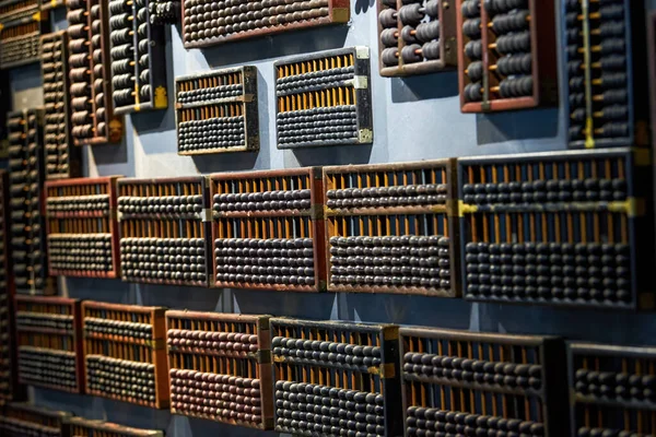 Pile Traditional Retro Chinese Wooden Abacus Close — Foto Stock