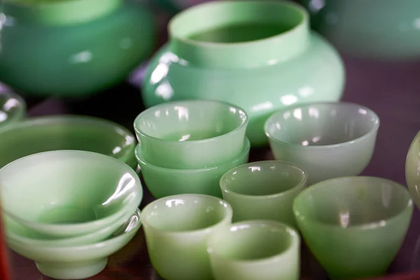 Pile Teacups Teapots Made Jade Jade — 스톡 사진