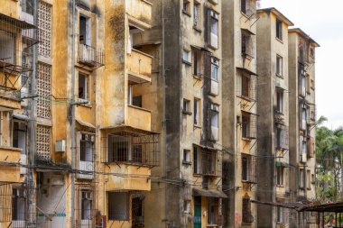 Close-up of residential buildings in an abandoned old residential area