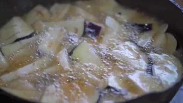 Chef Frying Eggplants Frying Pan — 비디오