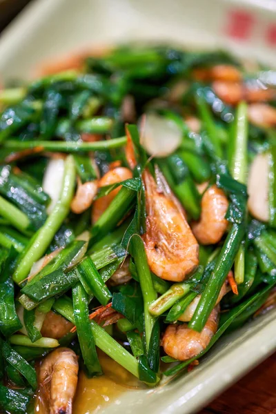 Delicious Chinese Dish Fried River Prawns Chives — Stock Photo, Image