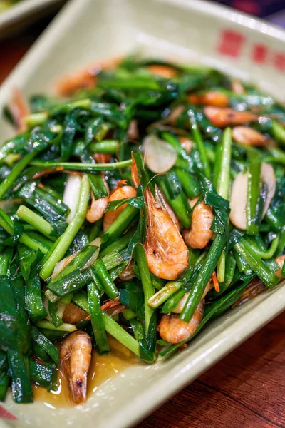 Delicious Chinese Dish Fried River Prawns Chives — Stock Photo, Image