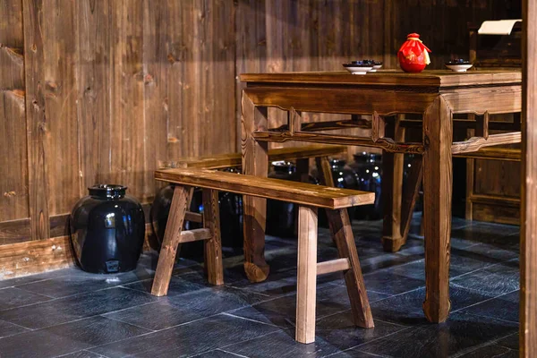 Chinese Ancient Style Tavern Wooden Table Wooden Bench — Stock Photo, Image