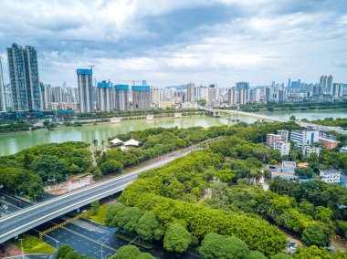 City buildings and river bank landscape in Nanning, Guangxi, China