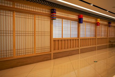Japanese and Korean style wooden building facade close-up