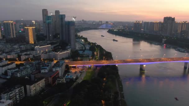 Aerial Photography Yongjiang Bridge Bustling Buildings Coast Nanning Guangxi China — Vídeos de Stock