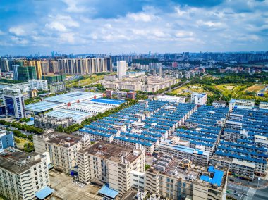 Industrial zone construction workshop and group of buildings in the city