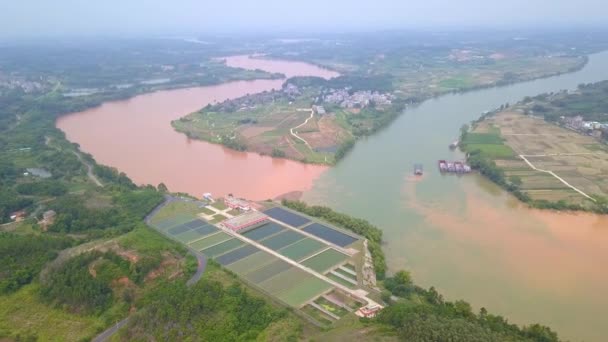 Unique Landscape Sanjiangkou Nanning Guangxi China Two Rivers Two Colors — Stock Video