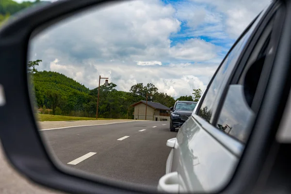 Beautiful View Blue Sky White Clouds Car Rearview Mirror — Stock Photo, Image